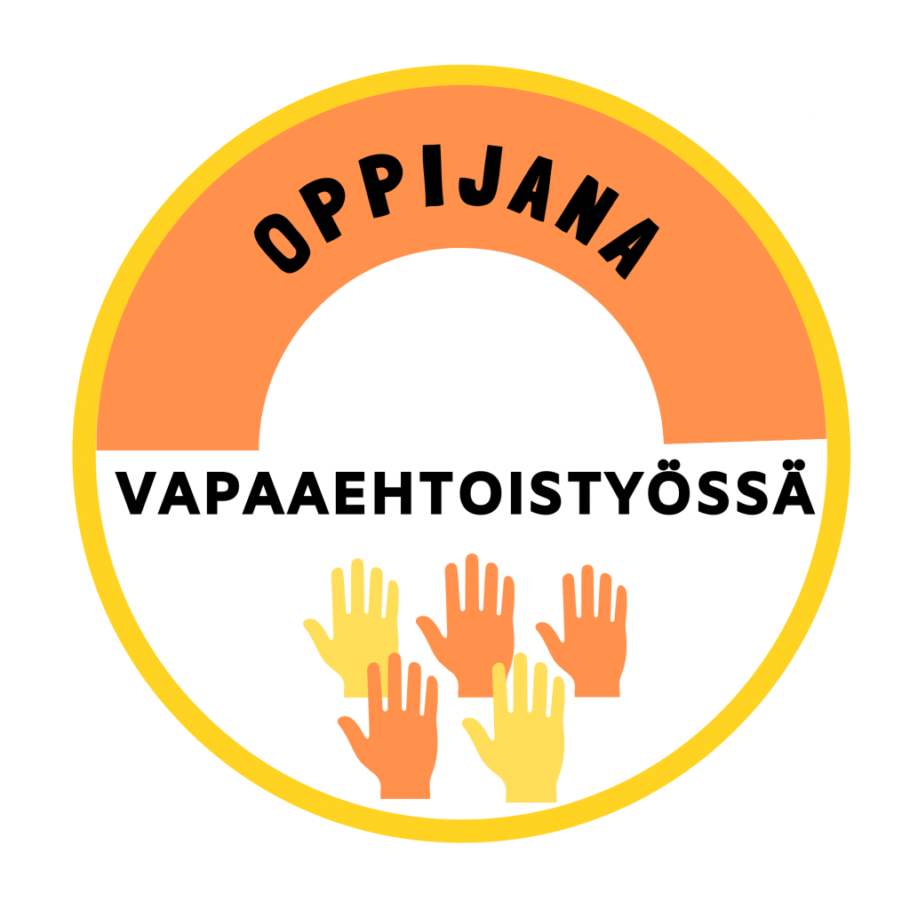 Pyöreä oranssinsävyinen osaamismerkki, jossa lukee "Oppijana vapaaehtoistyössä".